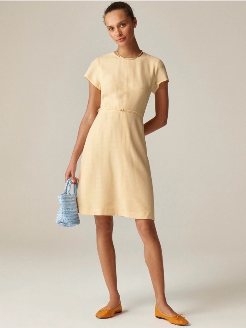 J. Crew Mathilde Cap-Sleeve Dress in Luster Canvas Sweet Meringue 8 Aline Yellow